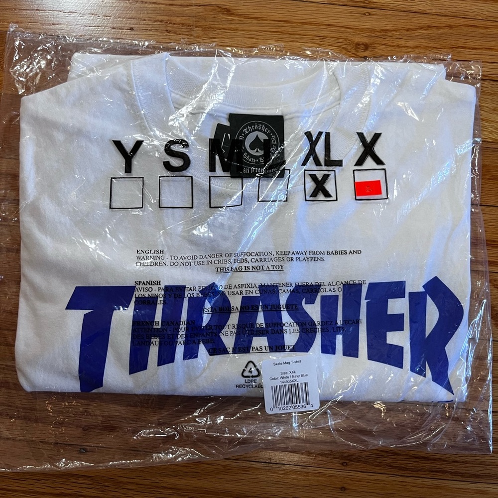 Thrasher white tee with blue classic logo, size XXL